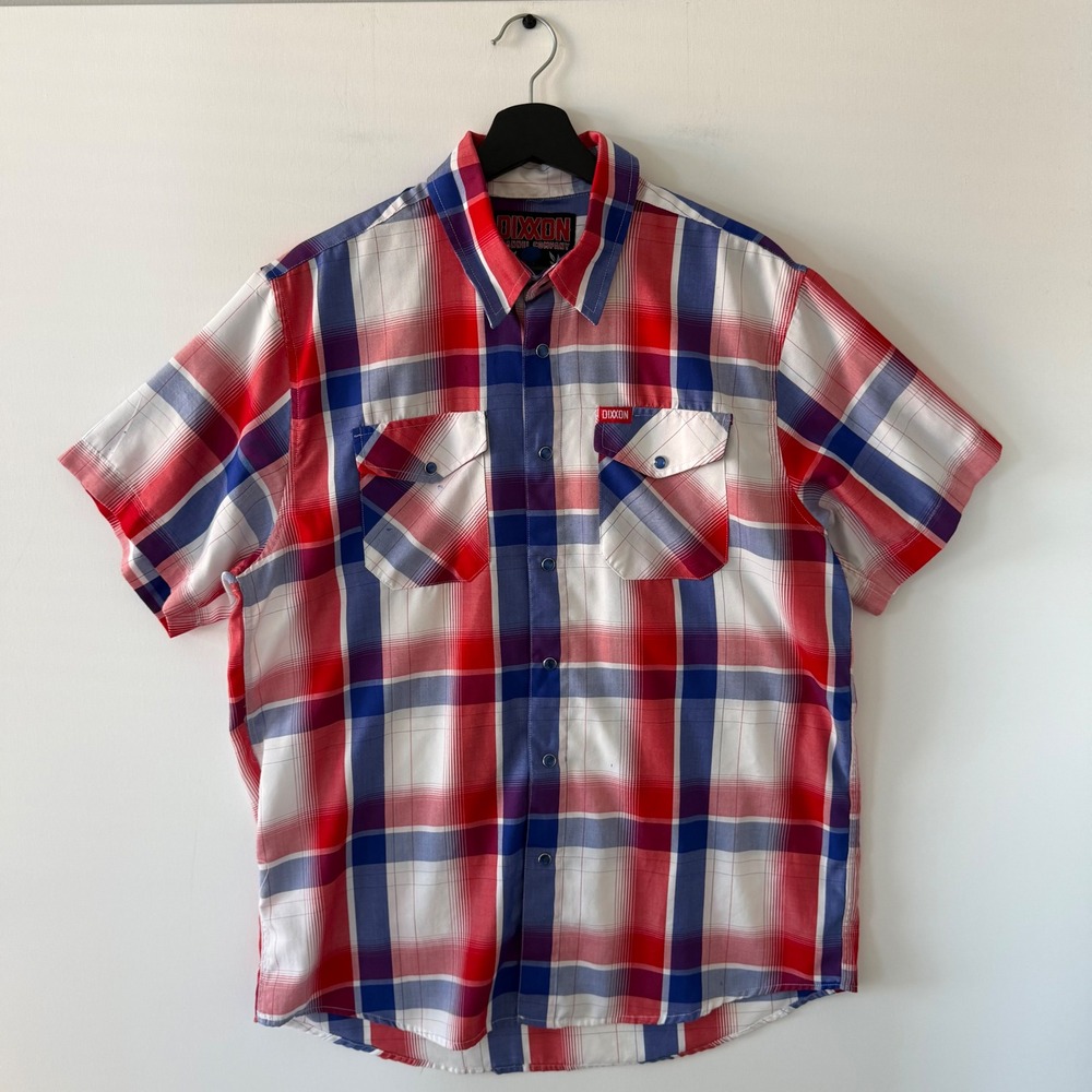 Dixxon Flannel Co The Fallen Short Sleeve Plaid Bamboo Shirt Mens Large Red Blue